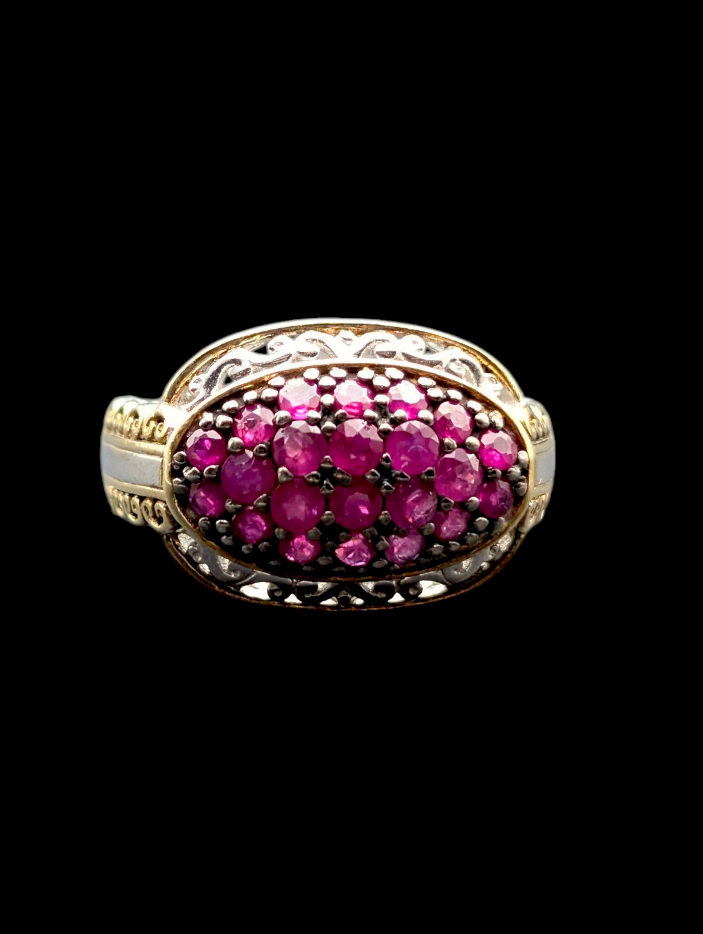 Vintage Inspired Gems En Vogue 18k Gold Filigree Palladium Silver Earth Mined Genuine Ruby East West Cluster Black Prong Sterling Ring