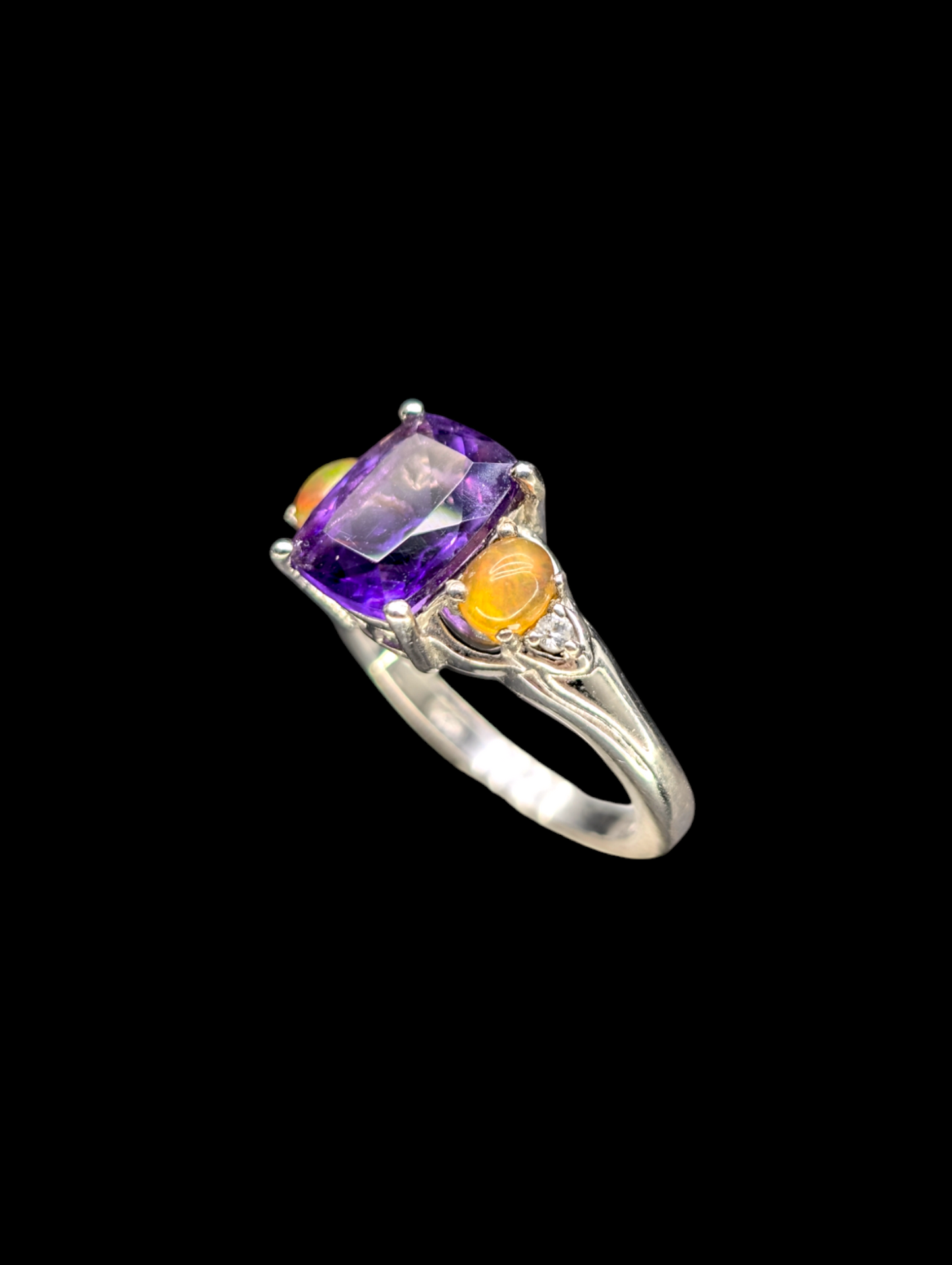 Vintage Rectangular Cushion Rose Cut Genuine Amethyst Solitaire, Fire Opal and White Topaz Sterling Silver Ring