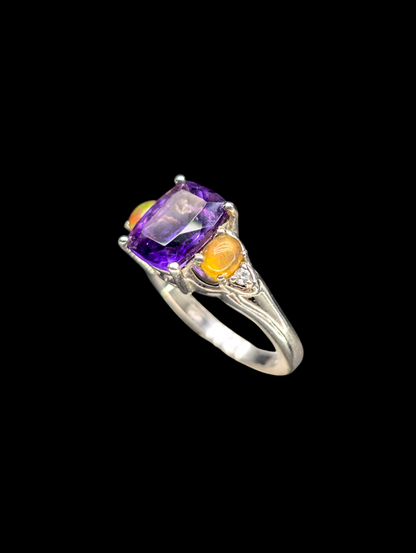 Vintage Rectangular Cushion Rose Cut Genuine Amethyst Solitaire, Fire Opal and White Topaz Sterling Silver Ring