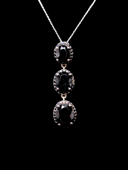 Vintage Three Stone Dangle Genuine Black Onyx with Halo Sterling Silver Pendant