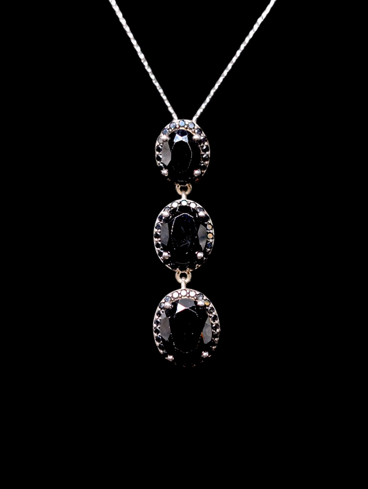 Vintage Three Stone Dangle Genuine Black Onyx with Halo Sterling Silver Pendant