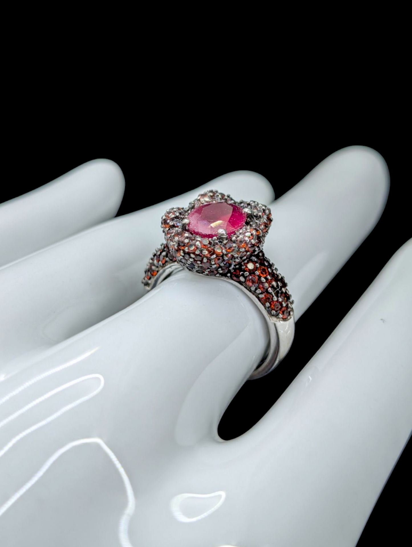 Vintage Earth Mined Genuine Ruby Solitaire and Spessartite Garnet Clustered Flower Mount Rhodium over Sterling Silver Ring