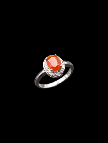 Vintage Solitaire Oval Rich Genuine Carnelian and Genuine Diamond Halo Sterling Silver Ring