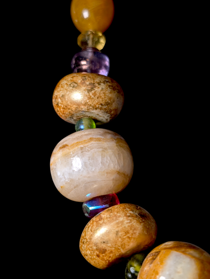 Vintage Inspired Teresa Goodall Chunky Graduating Gemstone and Carved Wood Bead Necklace