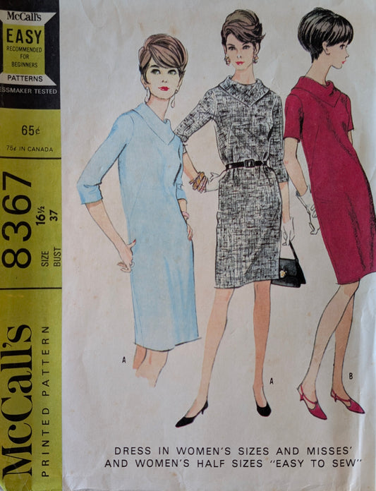 1966 Original Vintage Sewing Pattern: McCall's 8367 Size 16.5