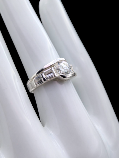 Vintage Bypass Semi-Bezel Set Simulated Diamond Baguette and Round Cut in Sterling Silver Statement Ring