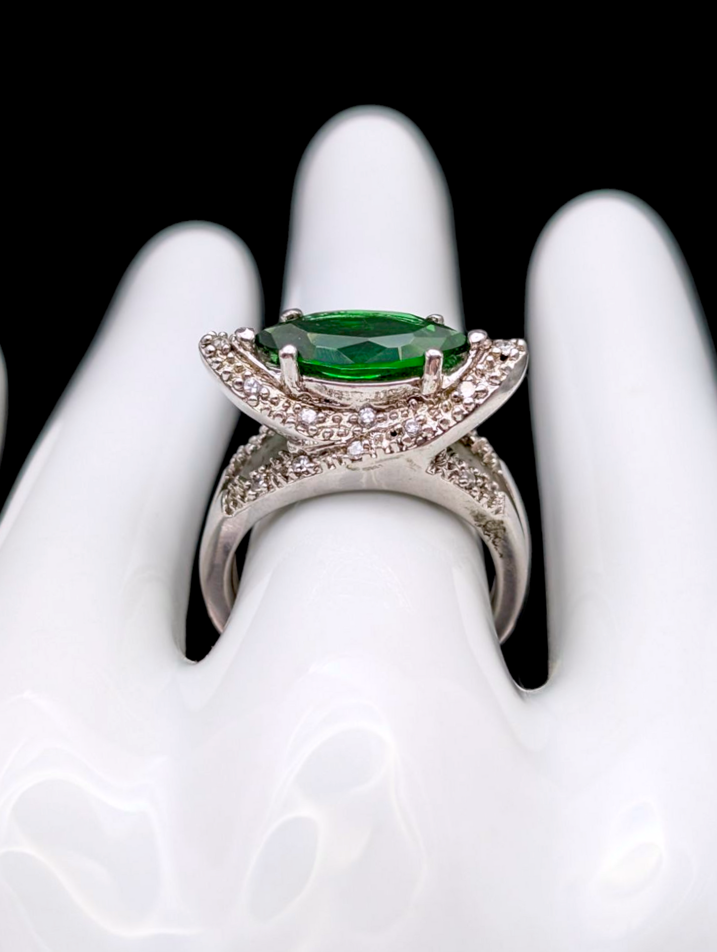 Vintage Marquise Cut Simulated Emerald Solitaire and Simulated Diamond Halo Accent Silver Toned Statement Ring