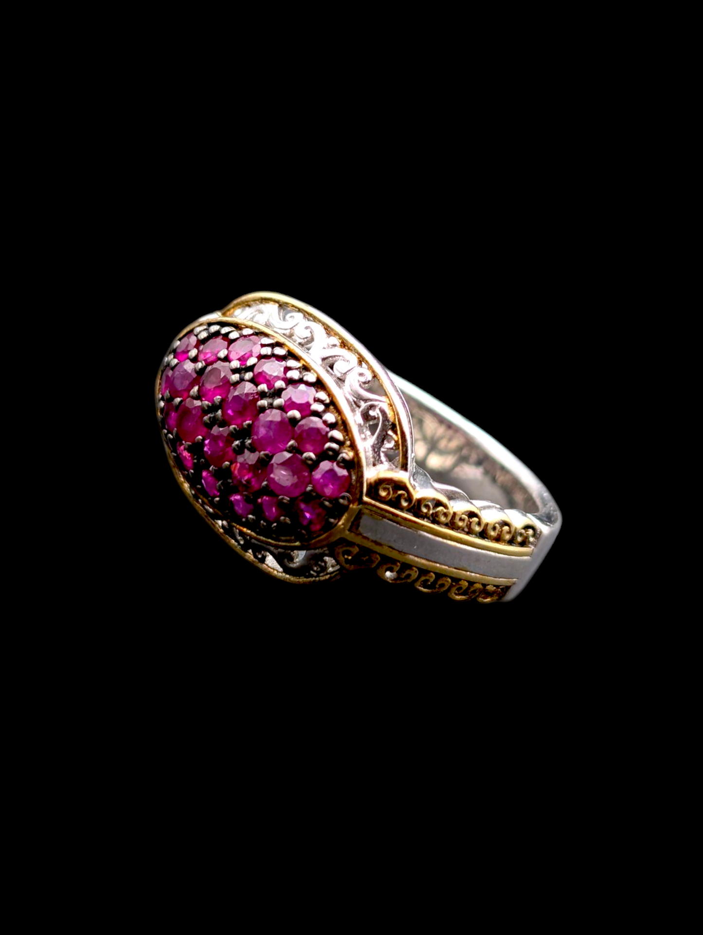 Vintage Inspired Gems En Vogue 18k Gold Filigree Palladium Silver Earth Mined Genuine Ruby East West Cluster Black Prong Sterling Ring