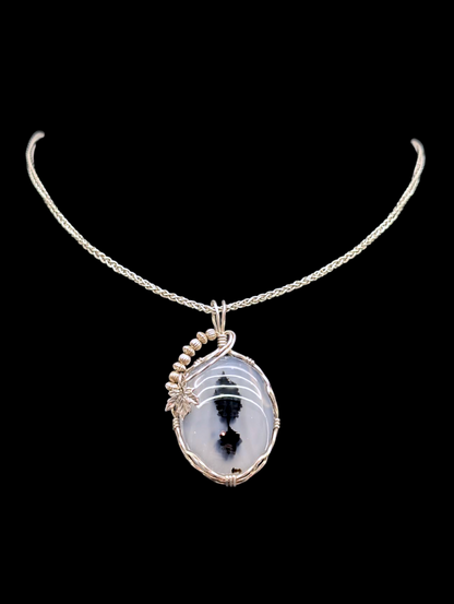 Vintage Genuine Montana Moss Agate Sterling Silver Wire Wrapped Pendant with Leaf and Beads