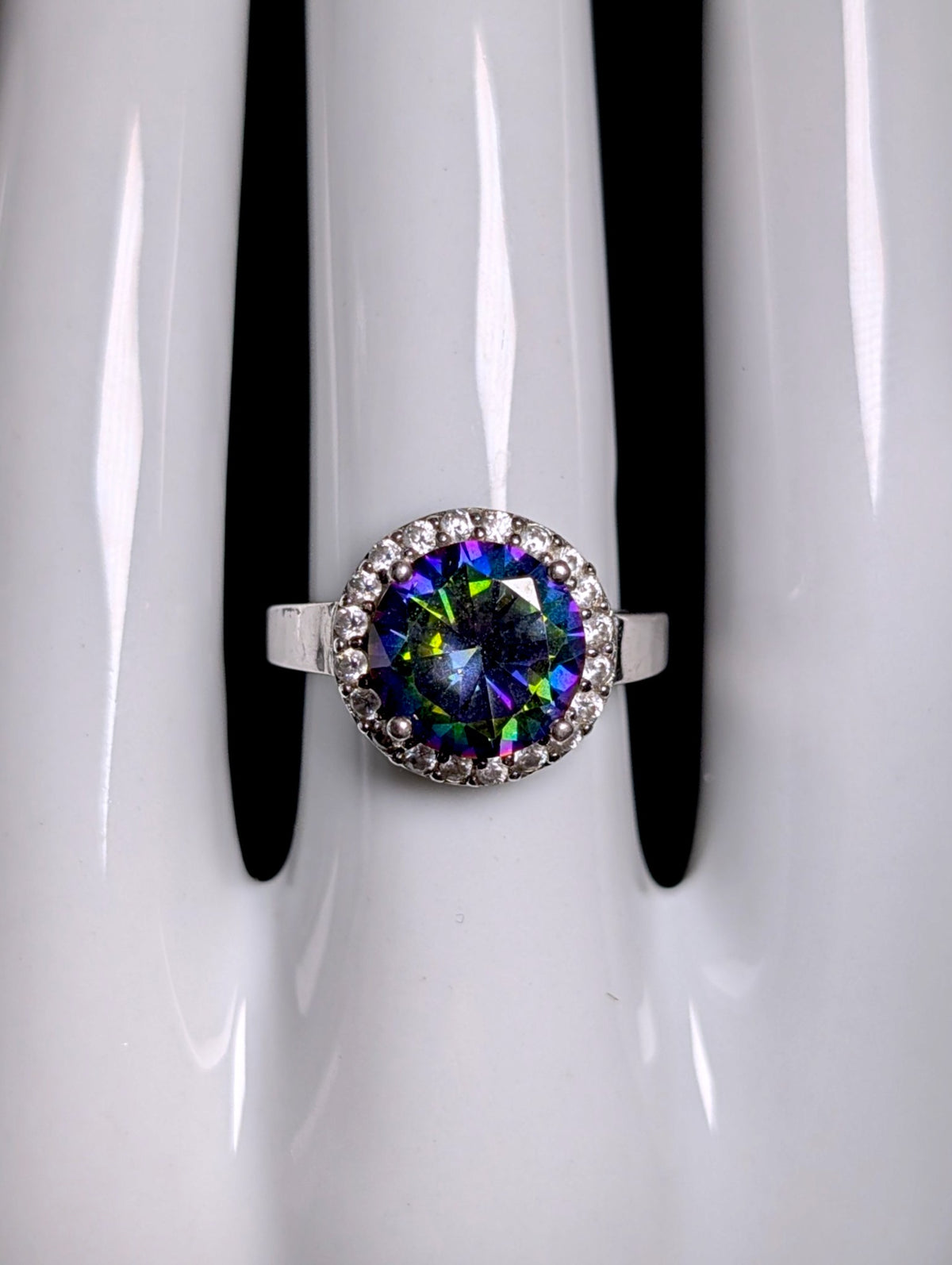 Vintage Simulated Mystic Topaz Solitaire and Diamond Halo Sterling Silver Ring