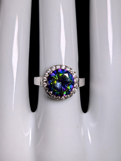 Vintage Simulated Mystic Topaz Solitaire and Diamond Halo Sterling Silver Ring
