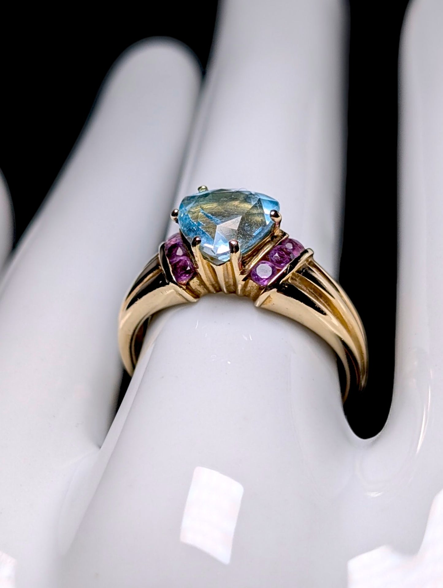 Vintage Trillion Solitaire Genuine Blue Topaz and Amethyst 10k Yellow Gold Ring