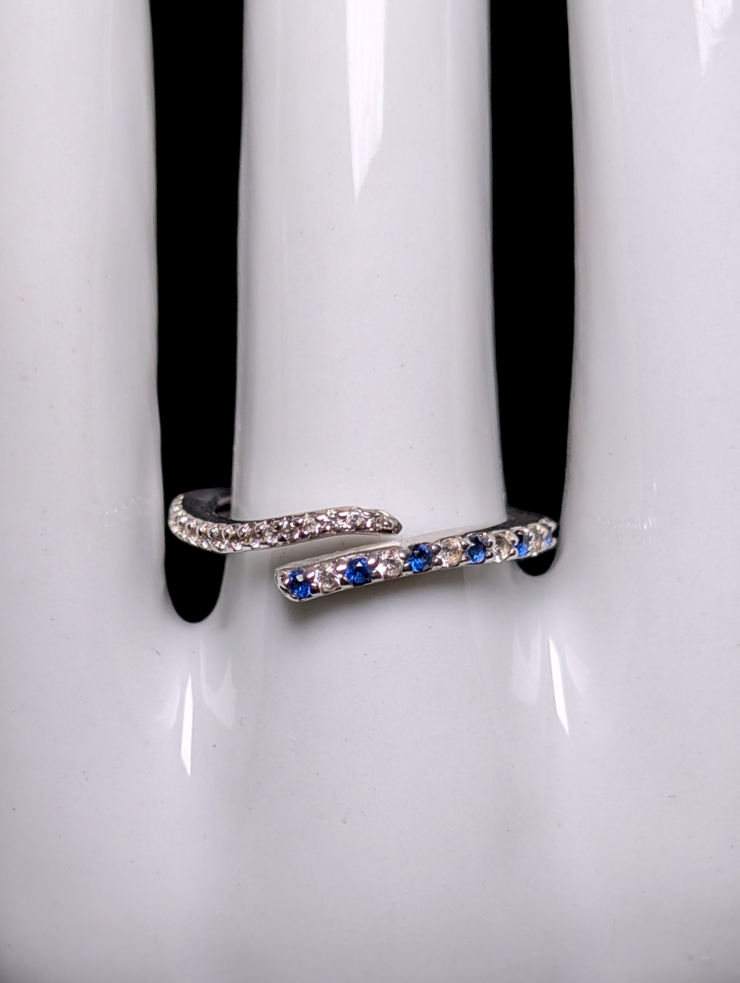 Vintage Round Cut Genuine Blue and White Sapphire Bypass Stackable Sterling Silver Ring