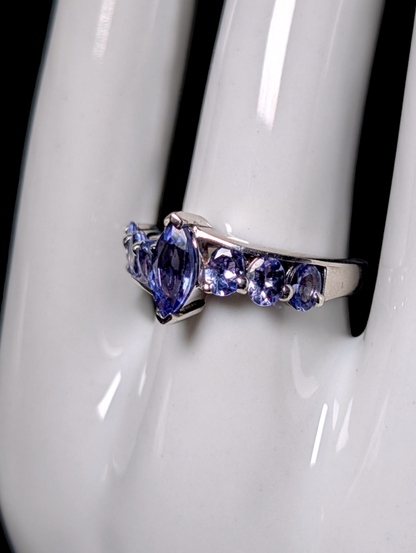 Vintage Floating Marquise Cut Earth Mined Genuine Tanzanite Sterling Silver Crossover Ring