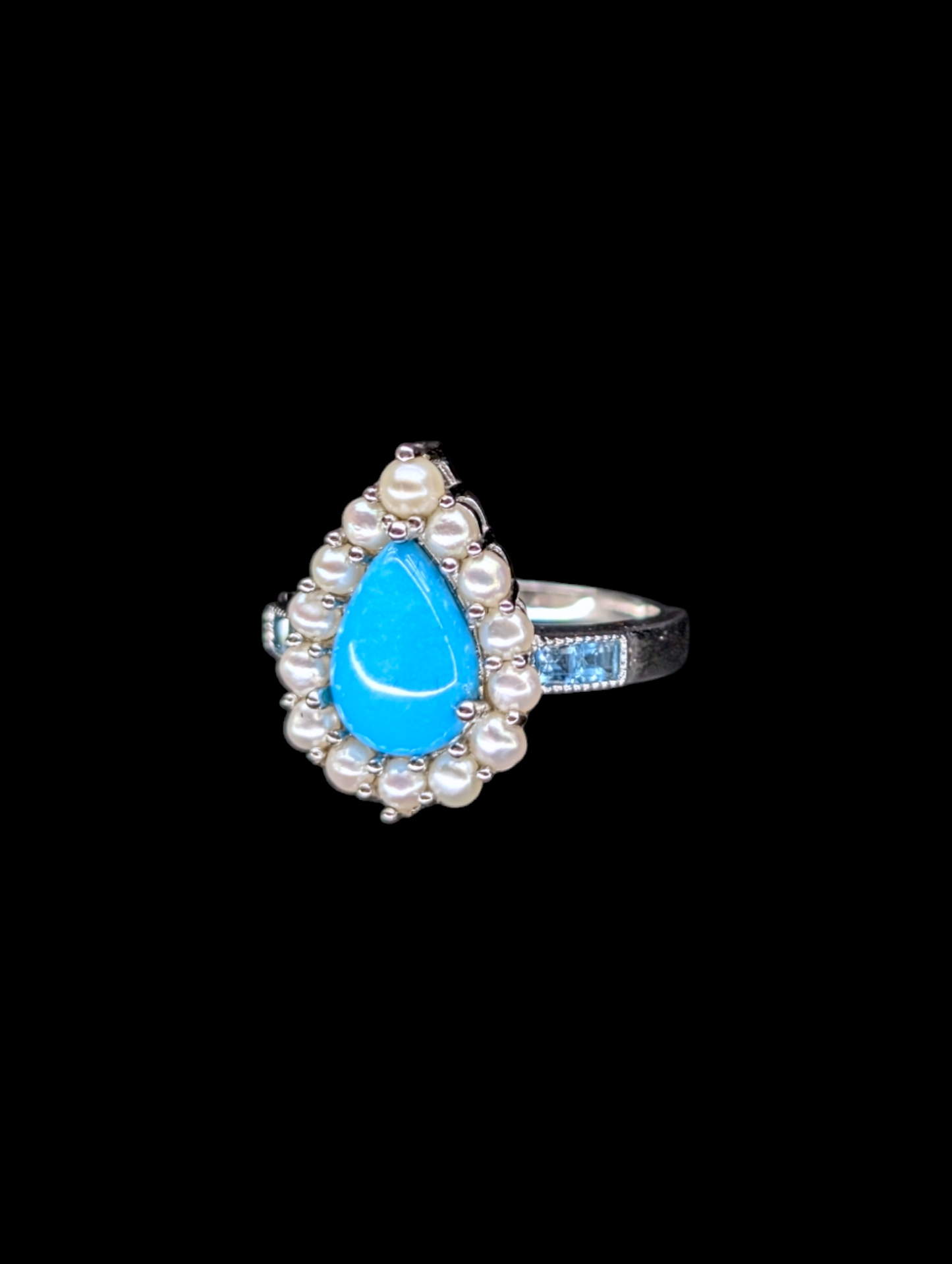 Vintage Pear Cut Genuine Sleeping Beauty Turquoise, Sky Blue Topaz and Cultured Pearl Halo Sterling Silver Ring