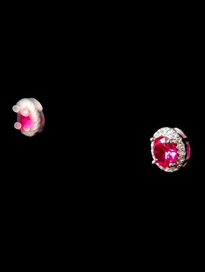 Vintage Genuine Ruby with Simulated Diamon Halo Sterling Silver Stud Earrings