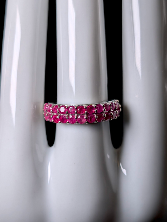 Half Eternity Double Row Earth Mined Genuine African Red Ruby Sterling Silver Band Ring