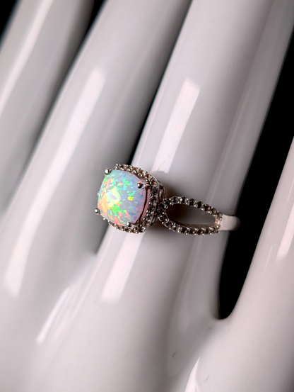 Vintage Cushion Cut Genuine Ethiopian Opal Solitaire and White Topaz Halo Split Shank 925 Sterling Silver Ring