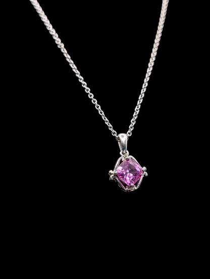 Vintage Inspired Pink Sapphire Sterling Silver Pendant, Necklace and 3 Stone Emerald Trillion Cut Ring Set