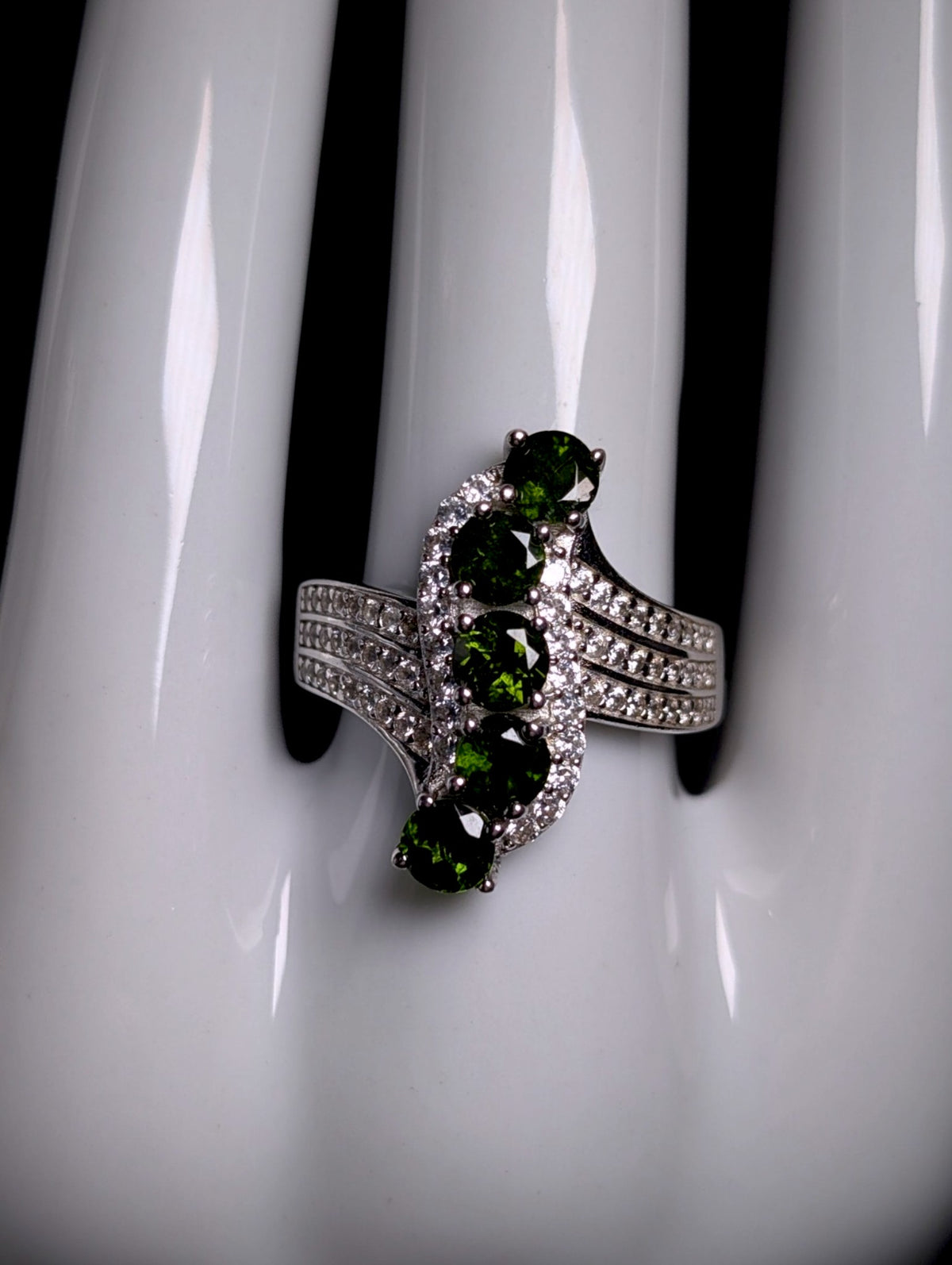 Vintage Waterfall Genuine Chrome Diopside and White Topaz Sterling Silver Ring