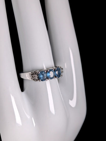 Vintage 3 Stone Genuine Blue Sapphire and White Topaz Band Sterling Silver Ring