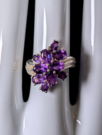Vintage Cluster Waterfall Genuine Grape Purple Amethyst Sterling Silver Ring