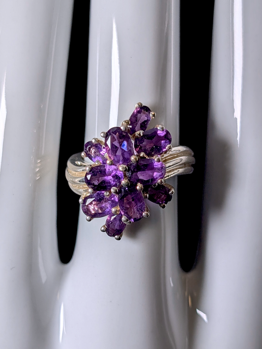 Vintage Cluster Waterfall Genuine Grape Purple Amethyst Sterling Silver Ring