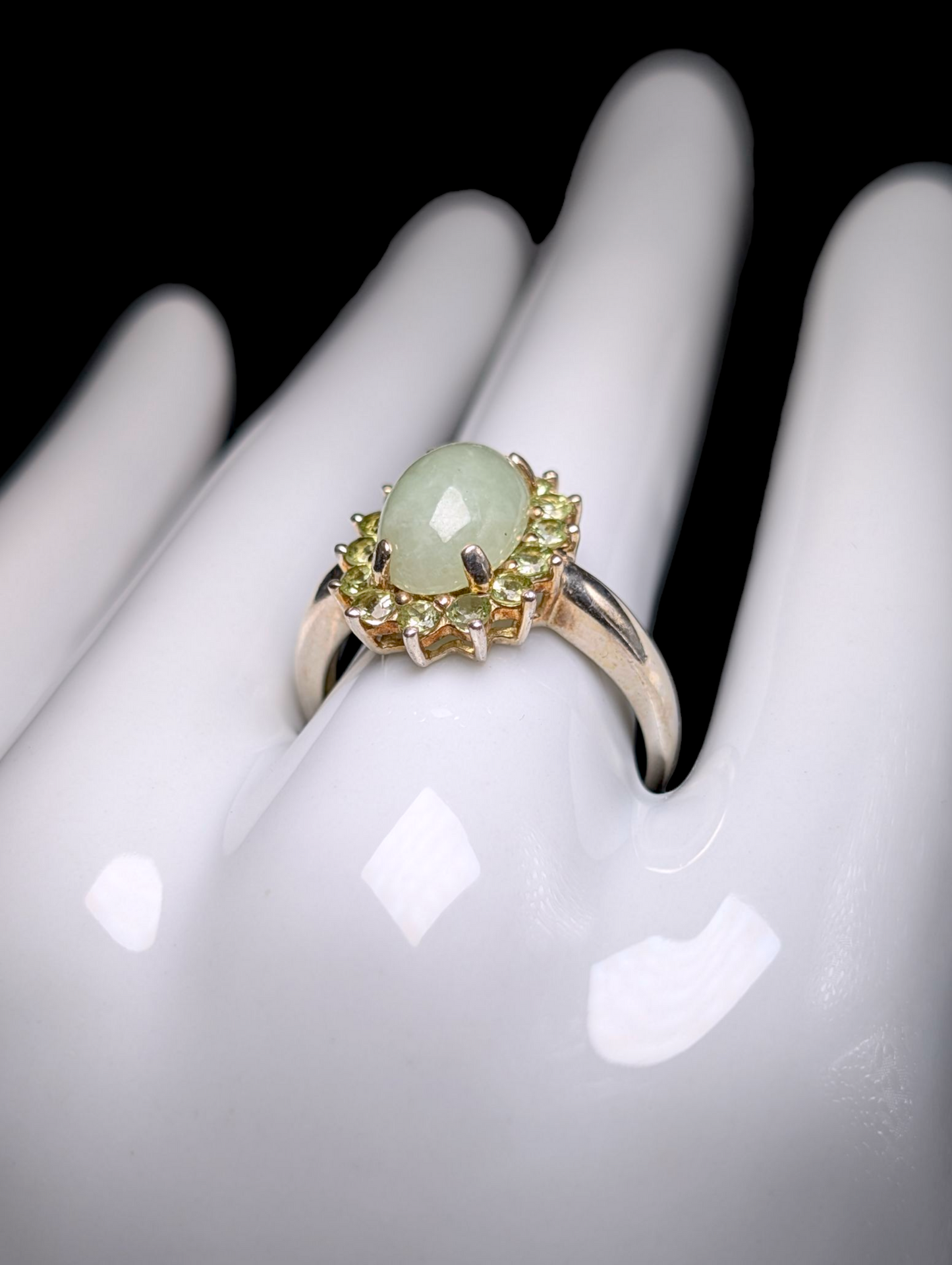 Vintage Earth Mined Genuine Ice Jade with Peridot Halo Sterling Silver Statement Ring