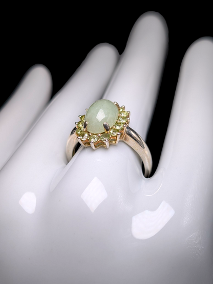 Vintage Earth Mined Genuine Ice Jade with Peridot Halo Sterling Silver Statement Ring