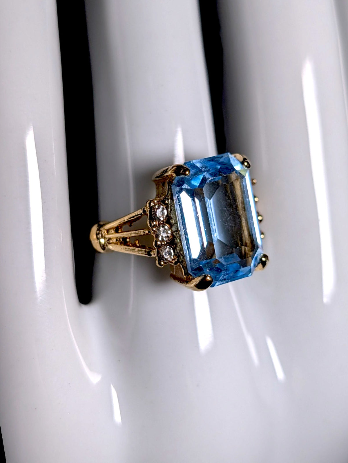 Vintage Radiant Cut Simulated Blue Topaz Solitaire Gold Toned Statement Ring