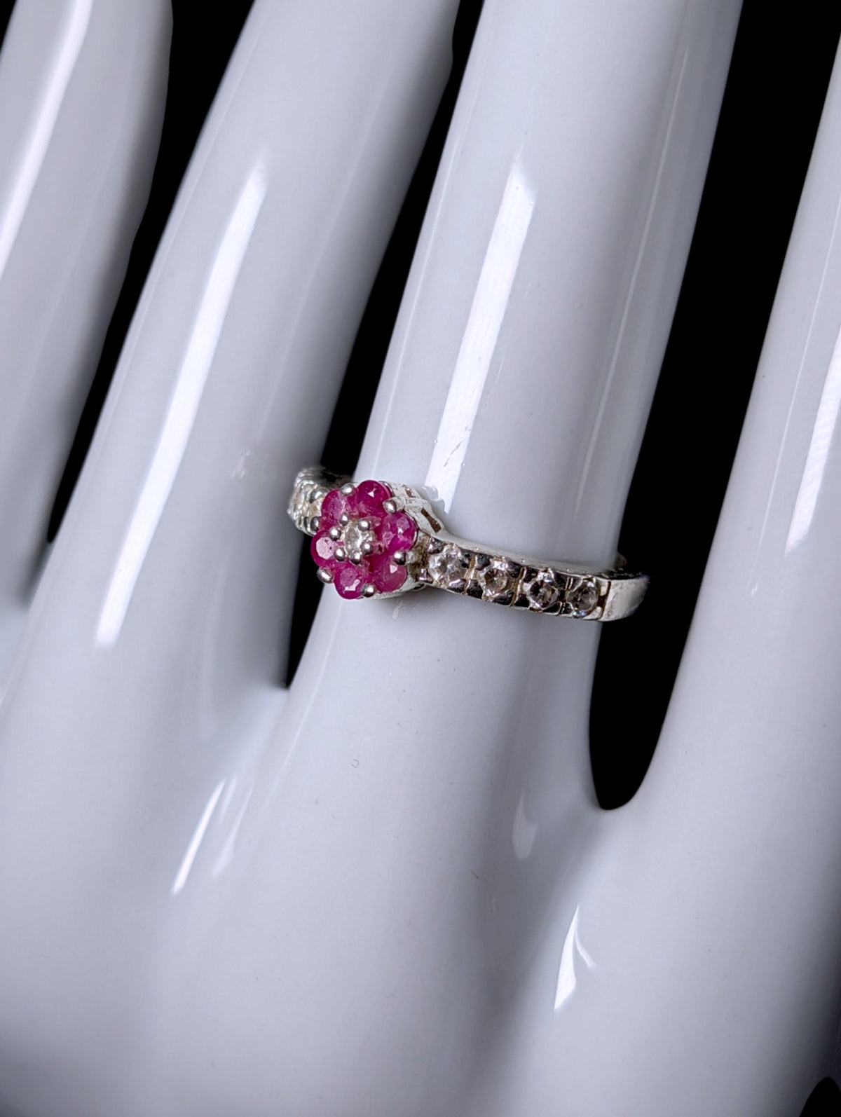 Vintage Genuine Ruby Flower and Simulated Diamond Sterling Plated Band Ring