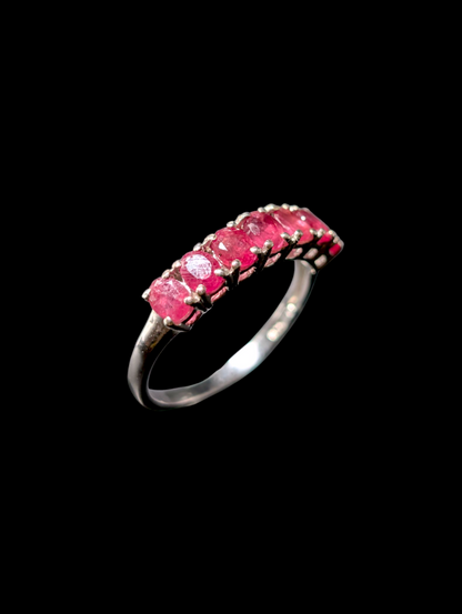 Vintage Half Eternity Oval Cut Earth Mined Genuine Ruby Sterling Silver Band Ring