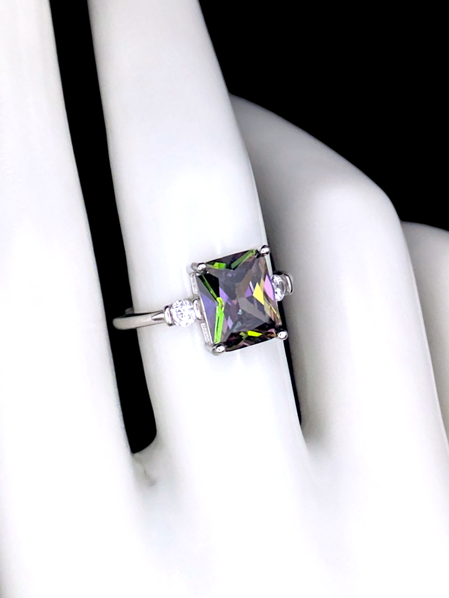 Vintage Inspired Emerald Cut Simulated Mystic Topaz Solitaire Sterling Silver Ring