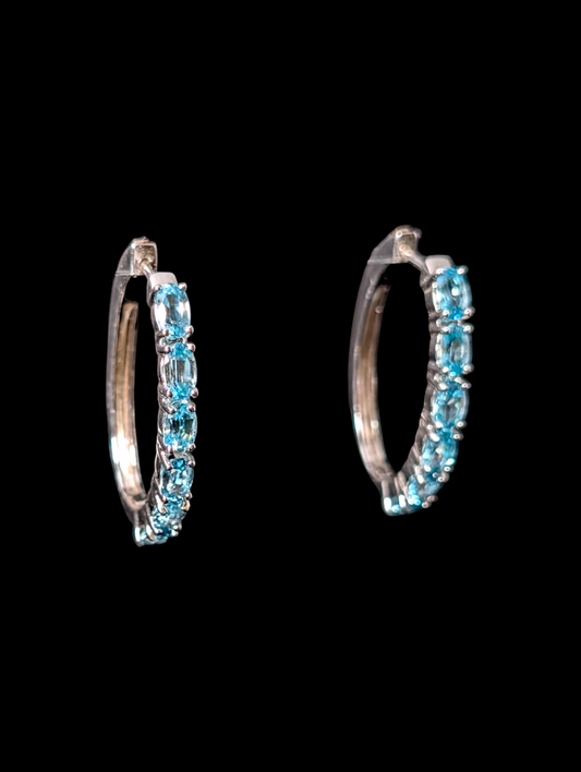 Vintage Oval Hoop Genuine Sky Blue Topaz Sterling Silver Earrings