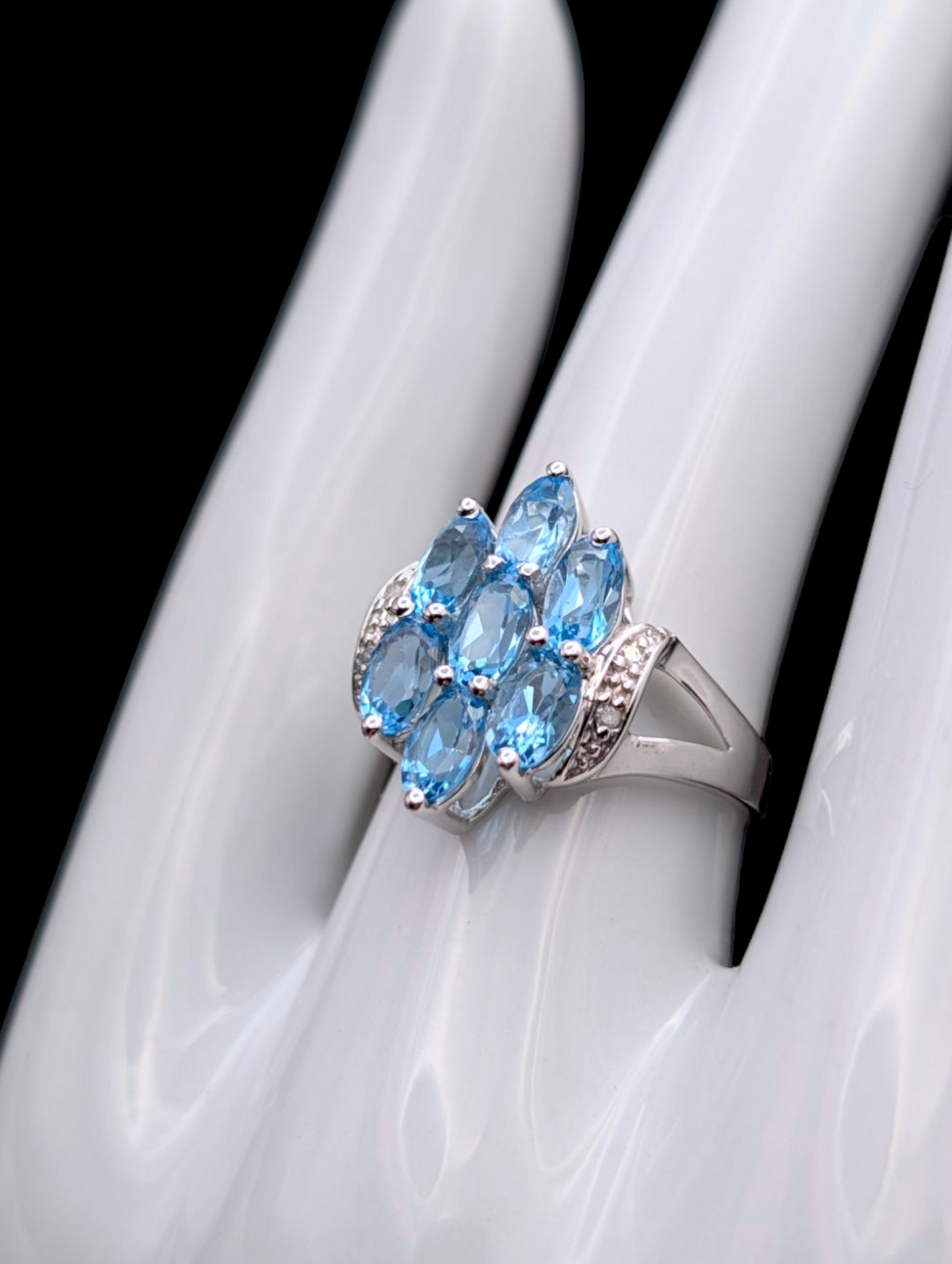 Vintage 2+ Carat Cluster Style Genuine Swiss Blue Topaz and White Diamond Accented Sterling Silver Ring