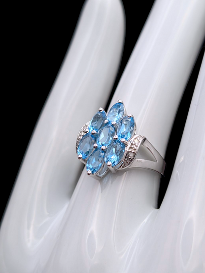 Vintage 2+ Carat Cluster Style Genuine Swiss Blue Topaz and White Diamond Accented Sterling Silver Ring