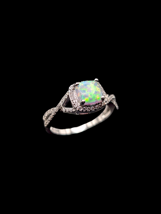 Vintage Simulated Opal and Simulated Diamonds Halo Silver Toned Costume Ring