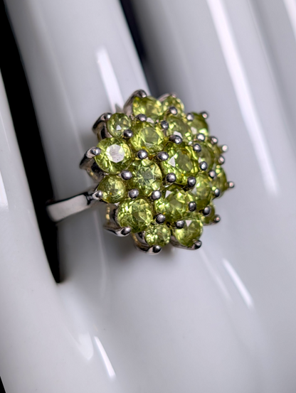 Vintage Round Cluster Genuine Peridot Sterling Silver Statement Cocktail Ring