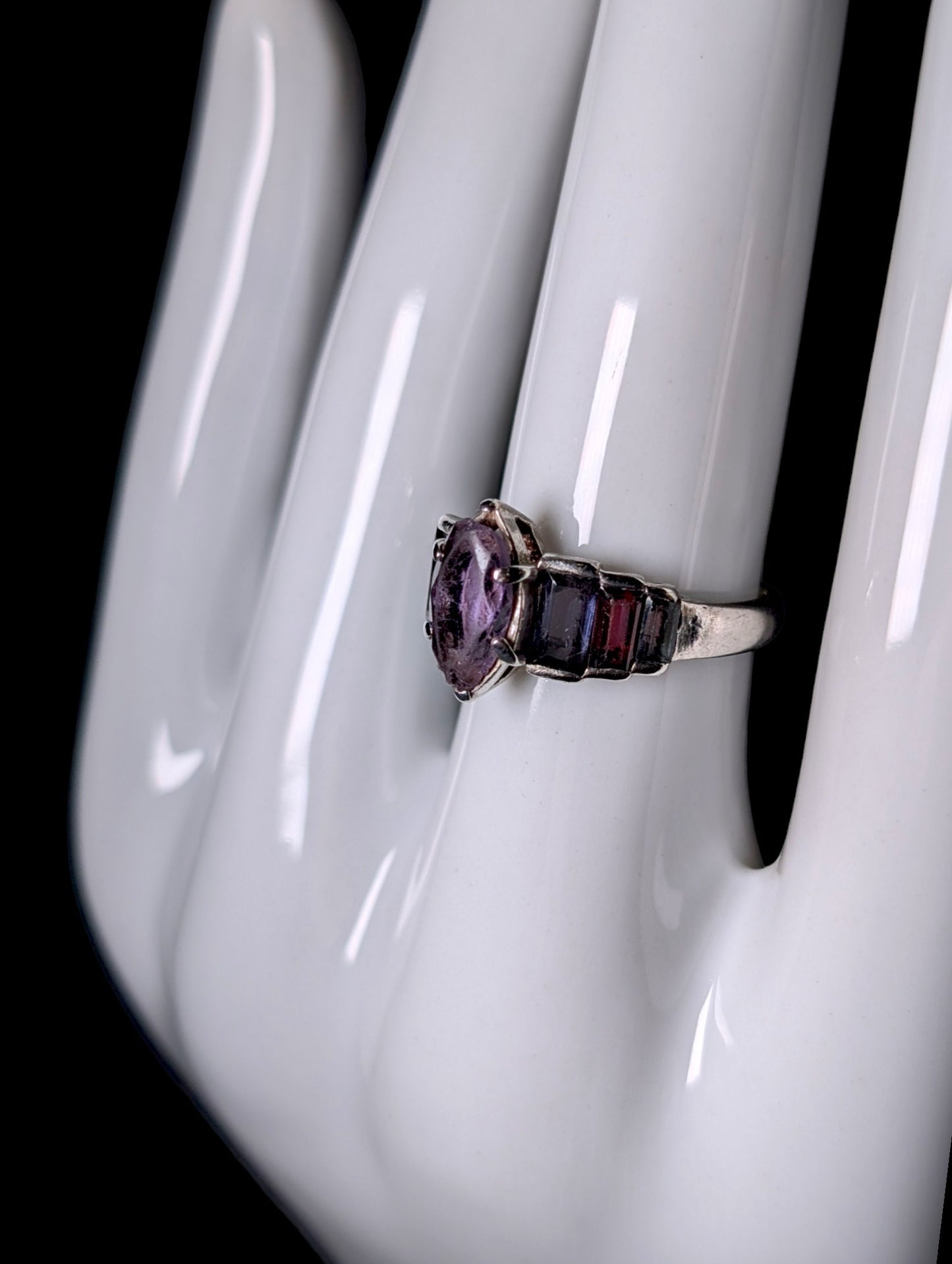 Vintage Marquise Genuine Amethyst, Topaz and Garnet Sterling Ring