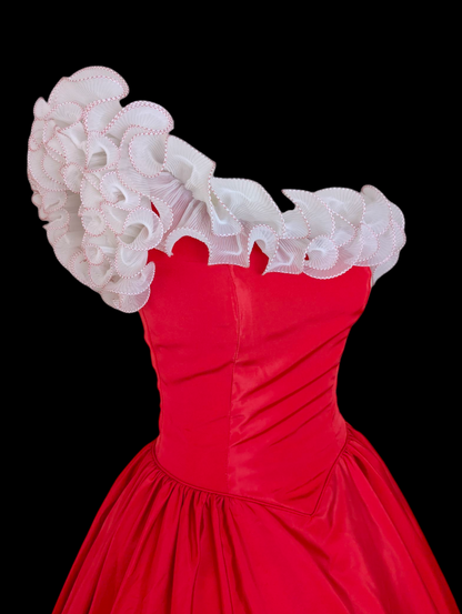 1960s-1970s Vintage Red Dress with White Ruffle Trim Details, One Sleeve, and Full Skirt Holiday Christmas Ball Gown