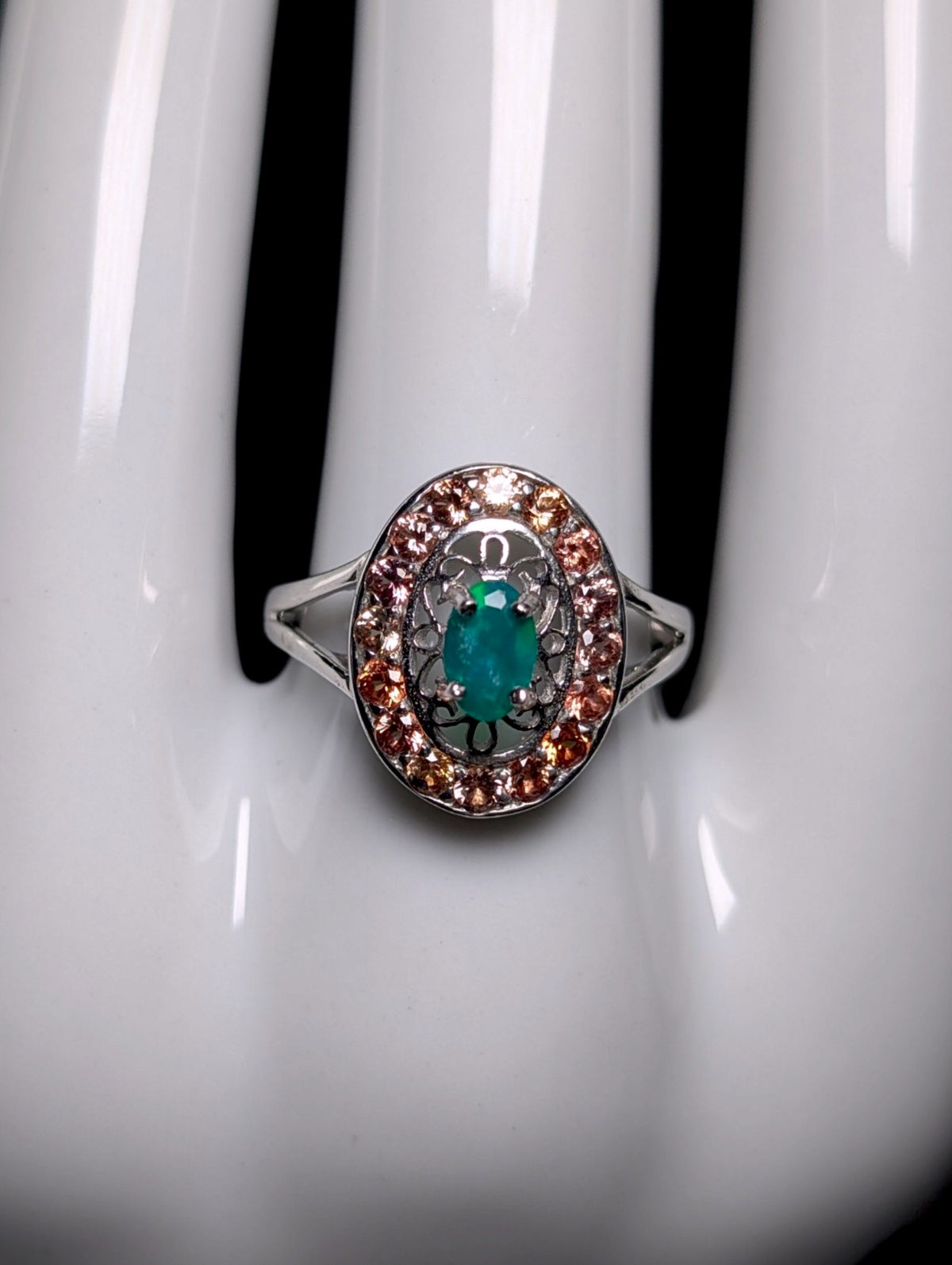 Vintage Genuine Green Fire Opal and Padparadscha Sapphire Halo Sterling Silver Ring