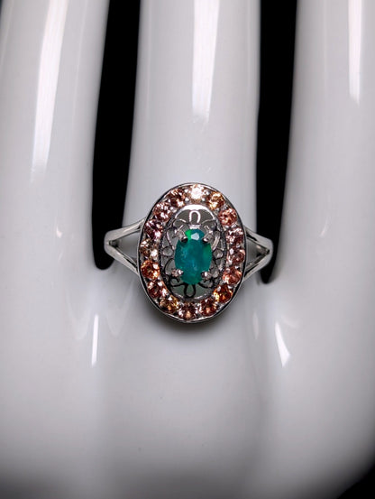 Vintage Genuine Green Fire Opal and Padparadscha Sapphire Halo Sterling Silver Ring