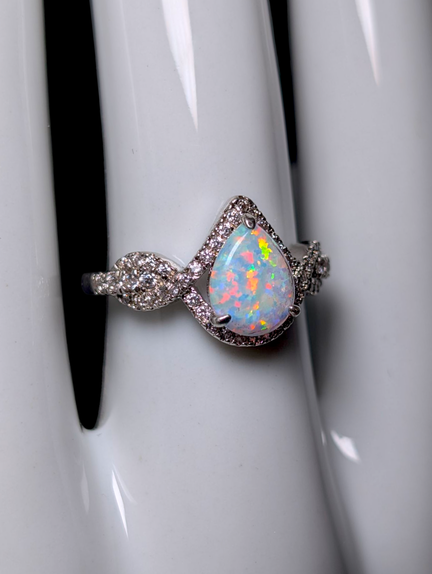 Vintage Inspired Teardrop Cut Simulated Opal and Diamond Silver Toned Ring