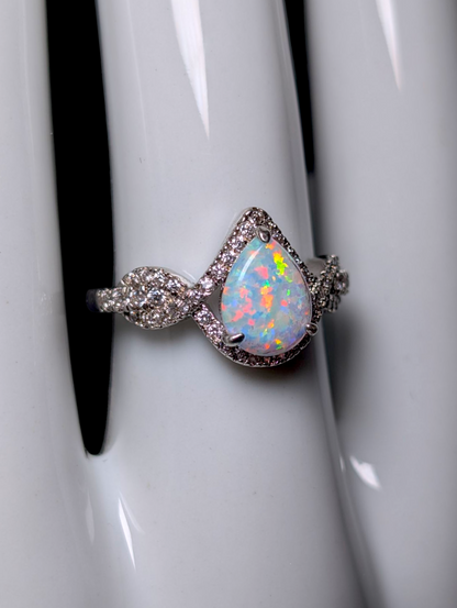 Vintage Inspired Teardrop Cut Simulated Opal and Diamond Silver Toned Ring