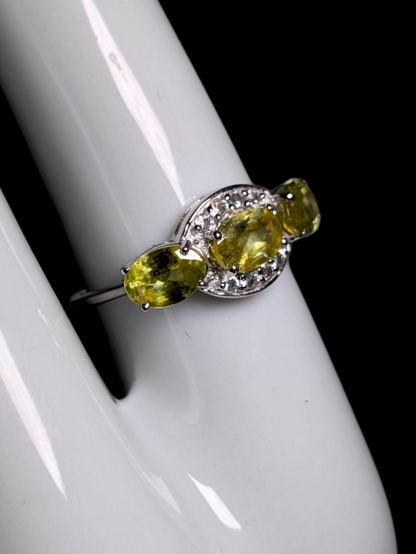 Vintage Three Stone Genuine Peridot with White Topaz Halo Sterling Silver Ring