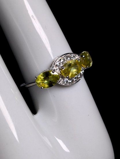 Vintage Three Stone Genuine Peridot with White Topaz Halo Sterling Silver Ring