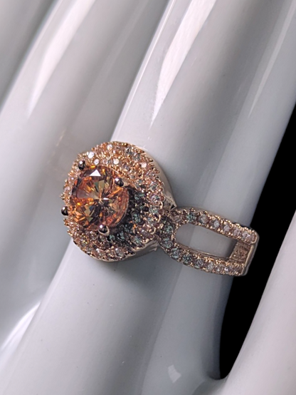 Vintage Inspired Round Cut Simulated Citrine Solitaire with Simulated Diamond Double Halo Gold Toned Ring