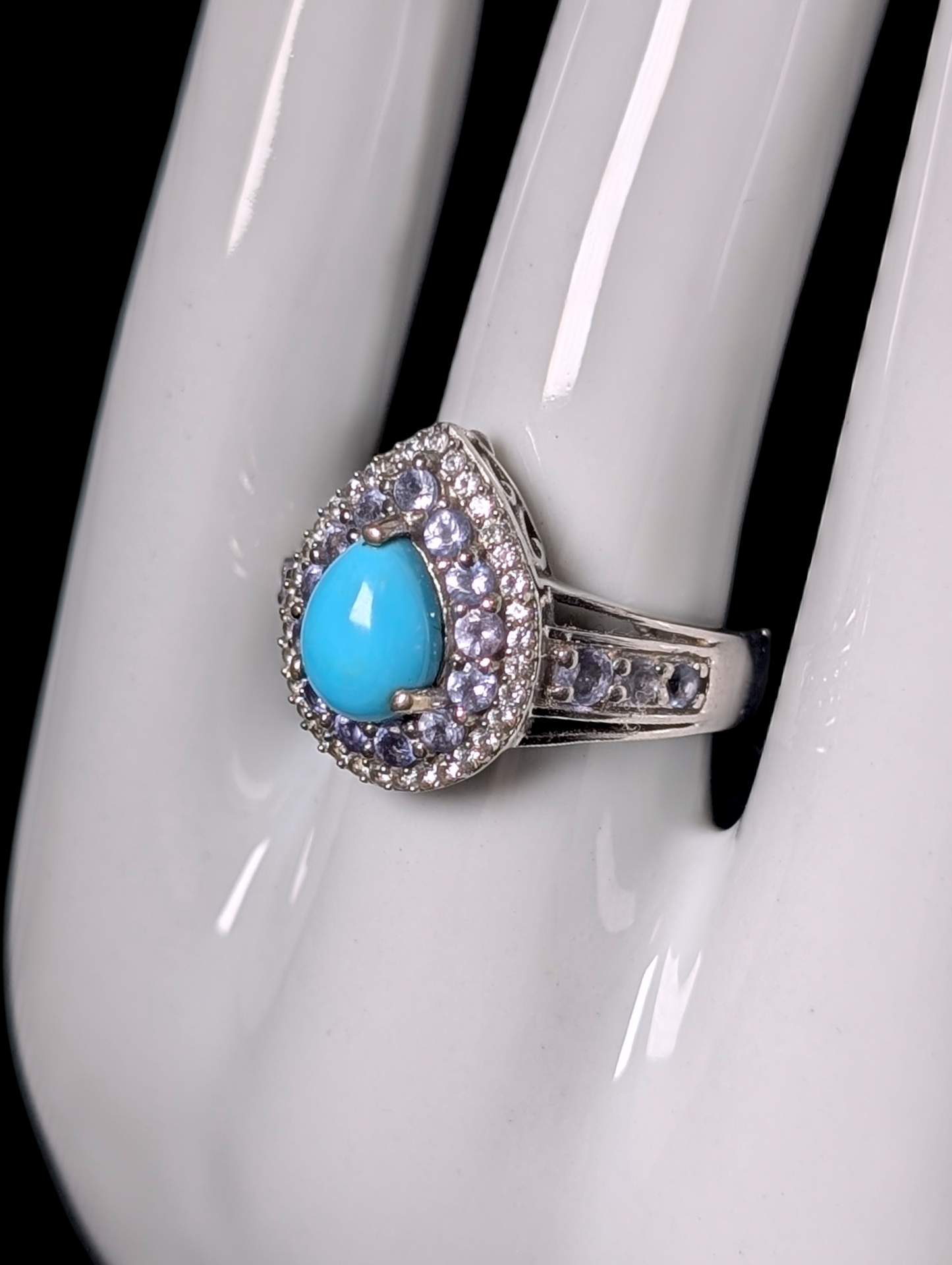Vintage Inspired Genuine Sleeping Beauty Turquoise with White Topaz and Tanzanite Double Halo Sterling Silver Ring