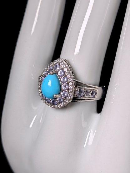 Vintage Inspired Genuine Sleeping Beauty Turquoise with White Topaz and Tanzanite Double Halo Sterling Silver Ring