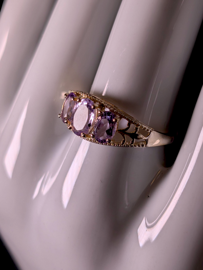 Vintage 3 Stone Genuine Lavender Amethyst Sterling Silver Filigree Ring